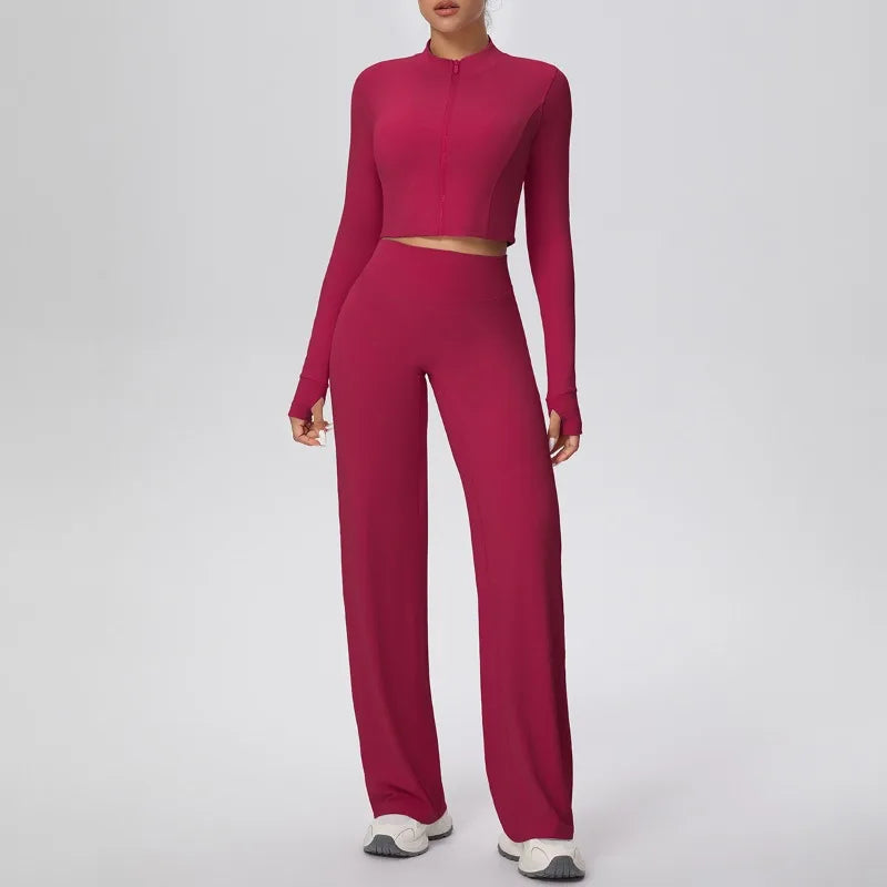 2 Pcs Women's Seamless Yoga Set Long-sleeved Wide-leg Pants Tracksuit Fitness Sports Set High-waisted Hip-lifting Slim-fit Suit