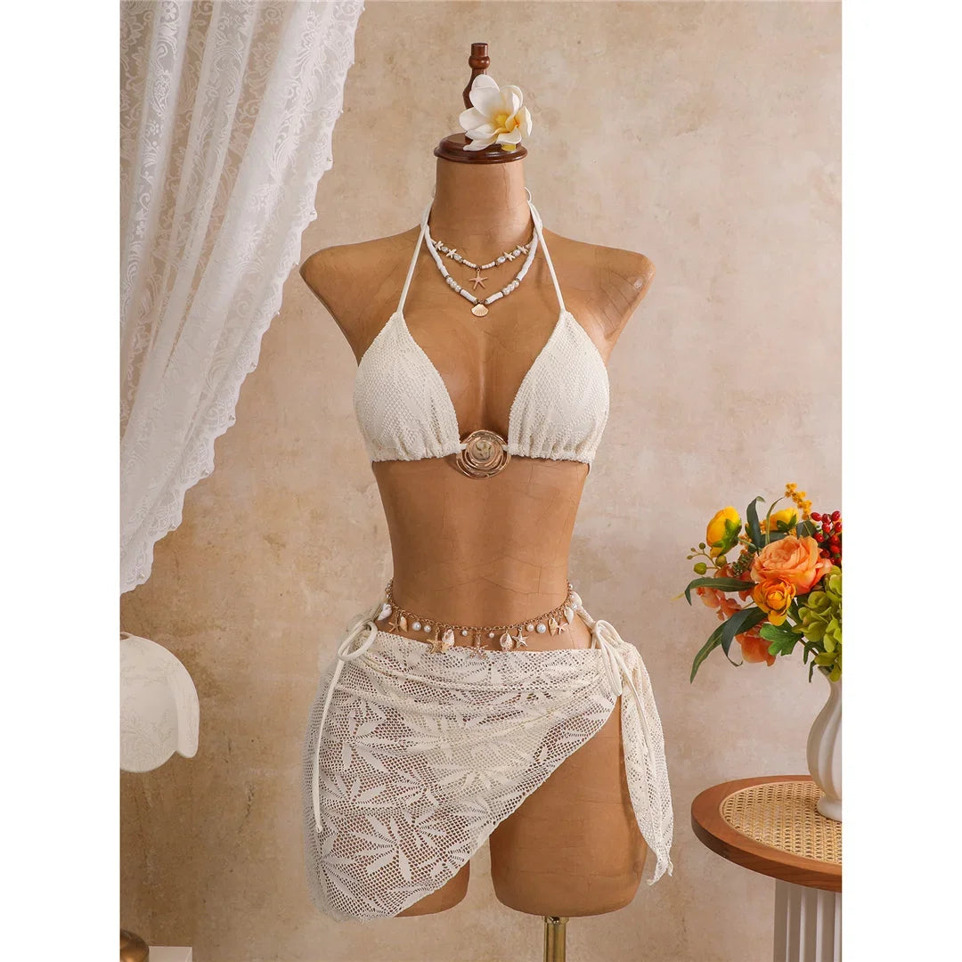 New Leaves Printed Halter Bikini Suit Female Swimsuit Women Swimwear Bather Bathing Suit Swim Three-Pieces Bikini Set