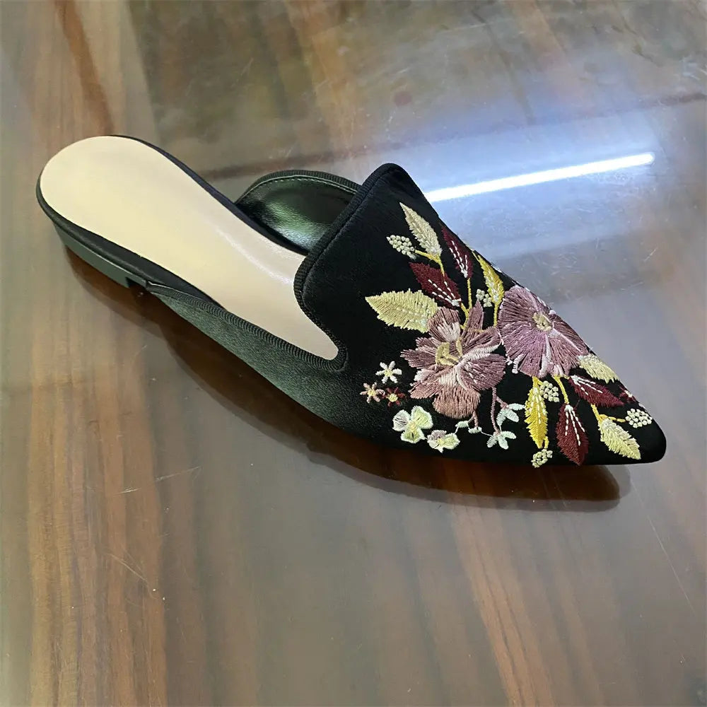 2026 Big Size 43 Summer Women's Blue Mules Slipper Sandals with Silk Flowers Embroidery Comfy Walking Slide Flat Satin Shoes