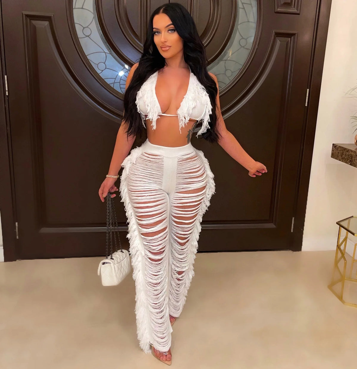 DEKAWomen Tassel Pants Knitted Bra Top Bikini Set Swimsuit Handemade Crochet Bikini Cover Up Tassel Beach Long Wrap Pant