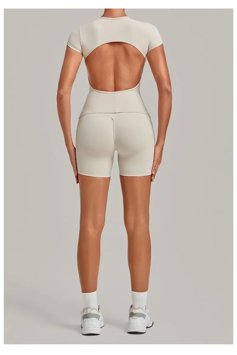 Women's Seamless Yoga Sets Sports Fitness Workout Hip-lifting High Waist Shorts Backless Short-sleeve Vest Suit Gym Training Set