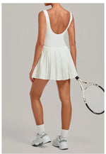 Naked Fake Two Piece Tennis Dresses with Pocket Bottom Women Back Hollow Out Pleate Skirts Outwear Square Collar Golf Yoga Dress
