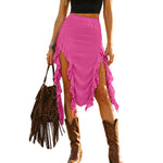 Women Western Boho Midi Skirt High Waist Ruffled Asymmetrical Hem Slit Flowy Summer Skirts Casual Cowgirl Style Streetwear Y2k