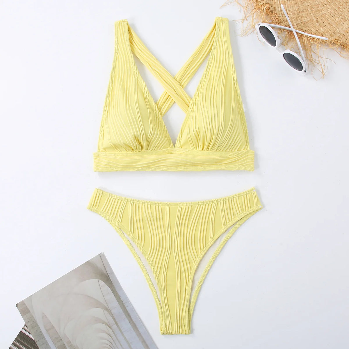 Wrinkled Crinkled Cross Back Bikini Women Swimwear Female Swimsuit Two-pieces Bikini Set High Cut Bathing Suit Swim Beach Wear