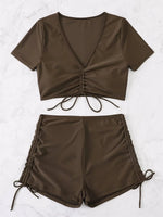 Sexy Drawstring Bikini Set 2026 Women Green Black Short Sleeve Two Piece Swimsuit Summer Bathing Suit Pleate High Waist Swimwear