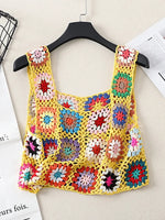 Summer Women Flower Crochet Vest Sleeveless Cover-ups Hollow Out Knit Crop Tops Bohemian Casual Daily Beach Tank Tops