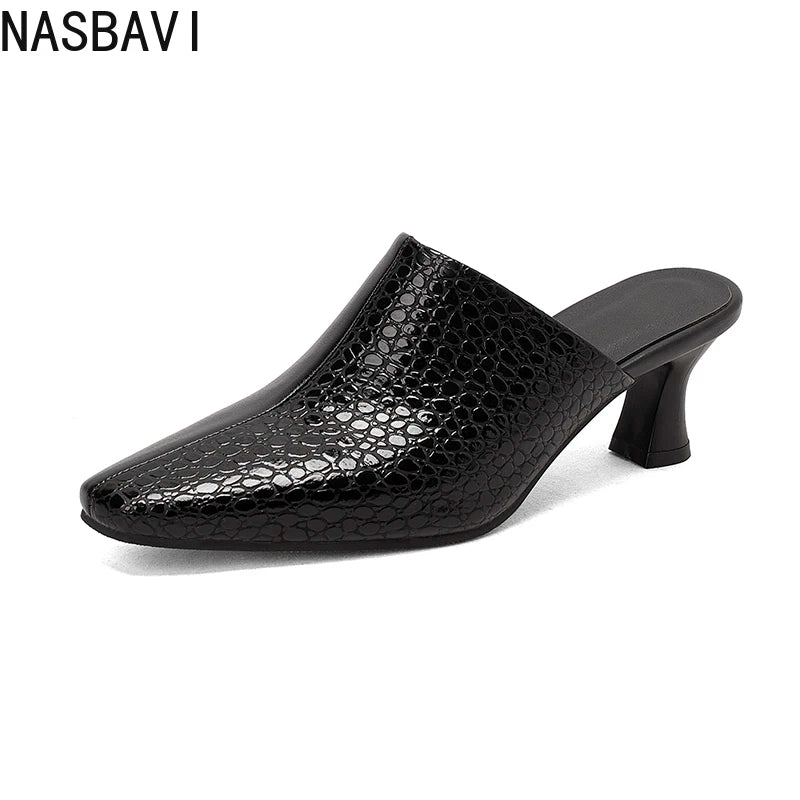 NASBAVI New Breathable Hollow Slippers Stone Pattern Leather Pumps Women Chunky Heels Mules Black Dress Shoes Big Size 45 46 47