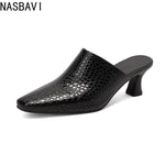 NASBAVI New Breathable Hollow Slippers Stone Pattern Leather Pumps Women Chunky Heels Mules Black Dress Shoes Big Size 45 46 47