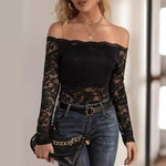 European and American elegant scalloped neckline, off-the-shoulder lace slim fit T-shirt long-sleeved top