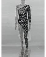 Toucheart Sexy Lingerie Women's Jumpsuit Shiny Diamond Fishing Net One-sleeved Leg Jumpsuit Sexy Hollow Out See-through Jumpsuit