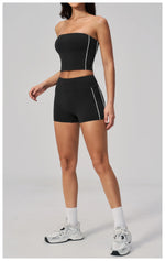 Summer Tight Yoga Suit Women Color Contrast Strapless Slim Sports Tank Top Shorts Fitness Suit Gym Running Workout Tracksuit