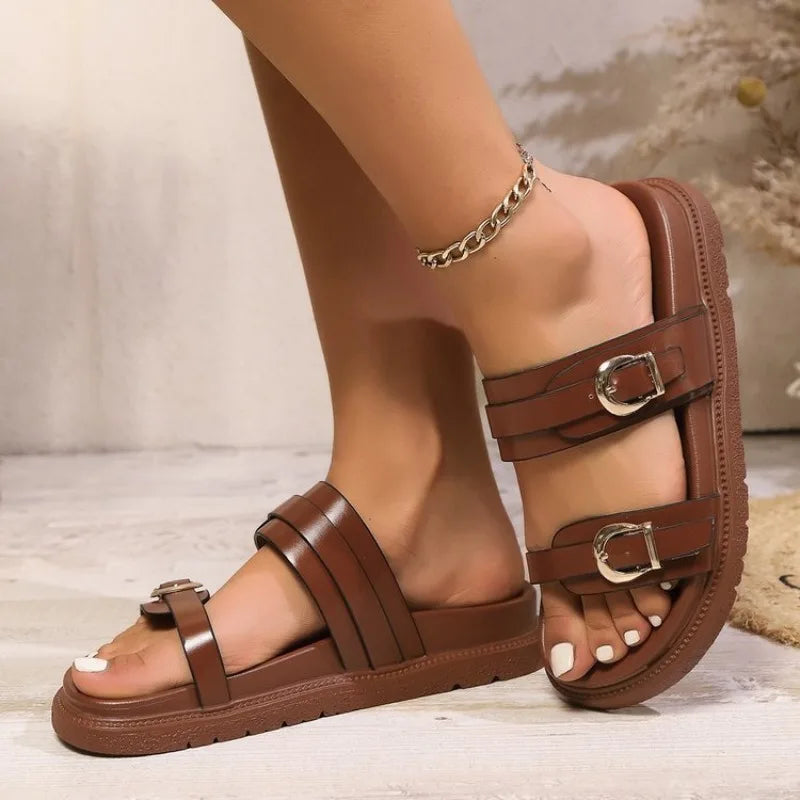 2026 Women's Metal Buckle Flat Sandals Outdoor Casual Thick Bottom Slippers Summer