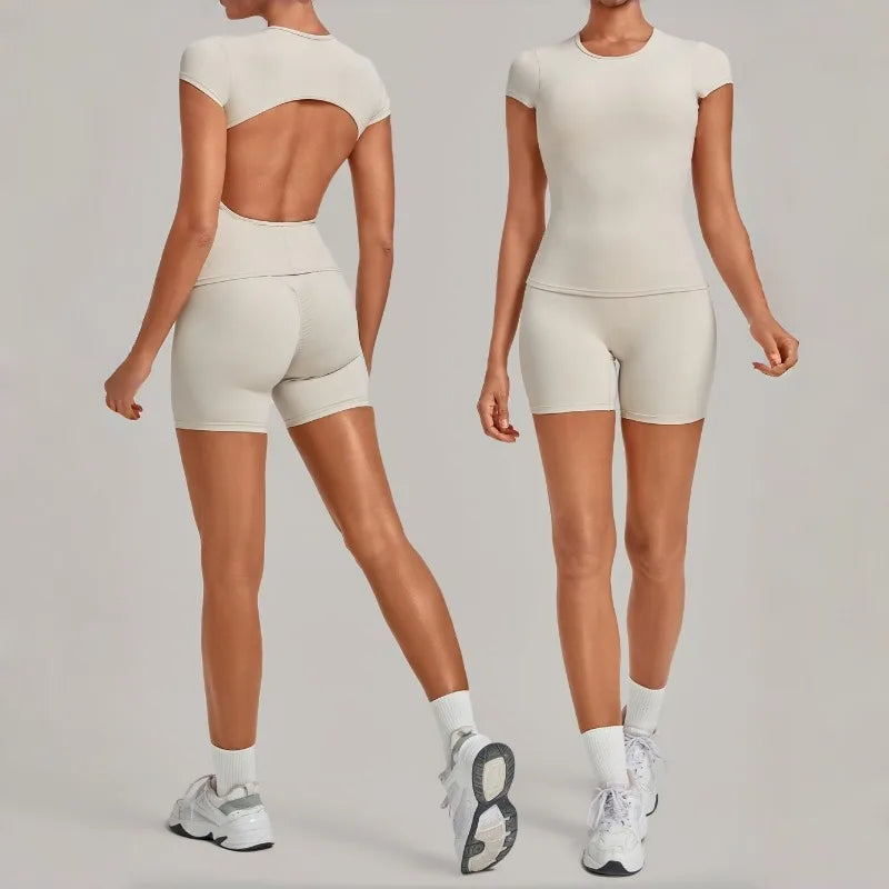 Women's Seamless Yoga Sets Sports Fitness High Waist Hip-lifting Shorts Backless Short-sleeve Vest Suit Workout Gym Leggings Set