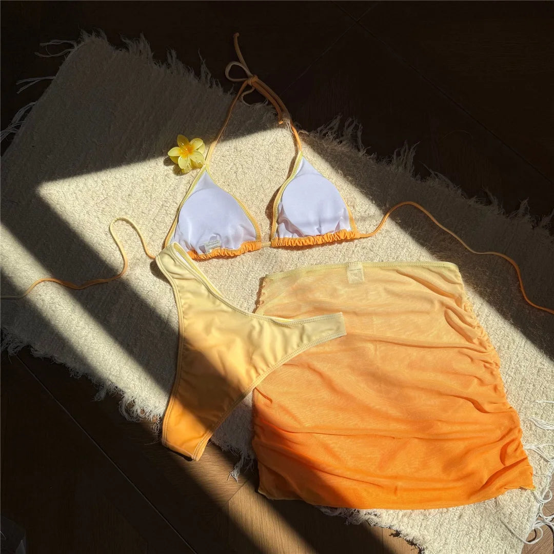 With Skirt Gradient Halter Bikini Female Swimsuit Women Swimwear Three-Pieces Bikini Set Padded Bather Bathing Suit Swim V7044
