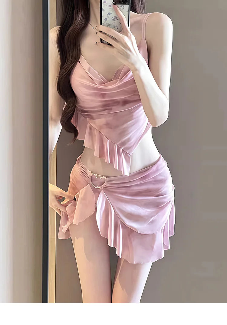 New Korean Style Bikini Set Women Pink Gradient Ruffles Push Up Mesh Skirt 3 Piece Swimsuit Summer Bathing Suit Holiday Swimwear