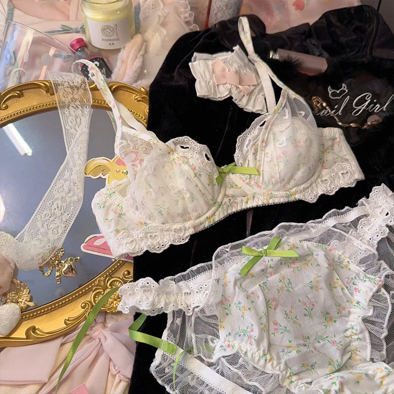 French Style Floral Lace Bra Set for Women Sheer Chiffon Bralette Small Bust Underwear Embroidery Girly Delicate Lingerie Set