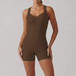 Cross Exposed Back Shaping Nude Yoga Jumpsuit Women Summer Sleeveless Pleate Slim Hip Lifting Short Sport Fitness One Piece Suit
