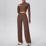 2 Pcs Women's Seamless Yoga Set Long-sleeved Wide-leg Pants Tracksuit Fitness Sports Set High-waisted Hip-lifting Slim-fit Suit