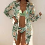 20 Colors Three Piece Bikinis Set Women Sexy Push Up Swimwear Swimsuit Plants Print Bathing Suit Bikini Cover Up Banadores Mujer