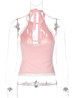 FDYOUO Sexy Halter Lace Patchwork Camisoles Women Fashion Backless Hollow Out Corset Pink White Bandage Tanks Top Y2K Streetwear