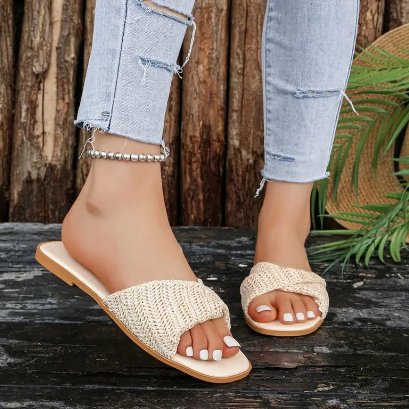 Women Open Toe Weave Slippers Ladies Outdoor Soft SoleFlats 2026 New Summer