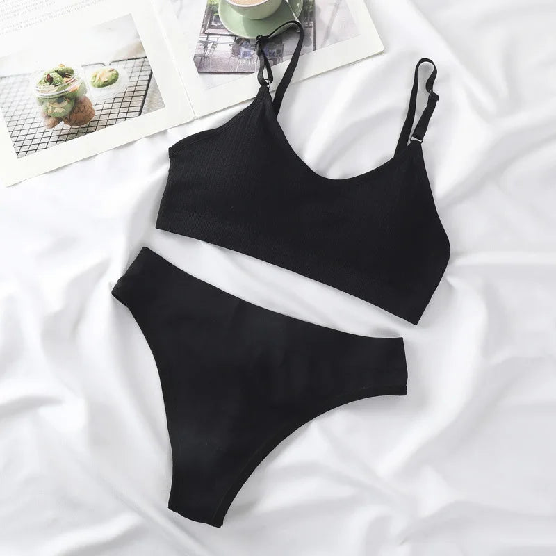 Women Padded Bra And Panties Set Wire Free Seamless Bra Sexy High Waist Thongs Underwear Sports Brassiere Female Lingerie Set