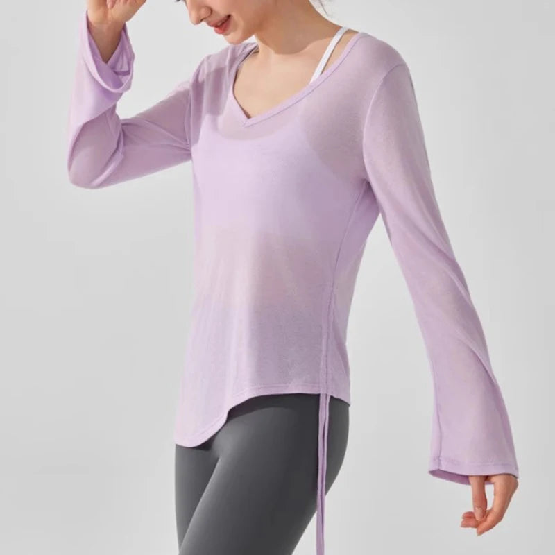 Women's Yoga Sports T-Shirt Drawstring Light Thin Loose Fit Irregular Hem Long Sleeve Fitness Cover Shirt