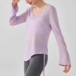 Women's Yoga Sports T-Shirt Drawstring Light Thin Loose Fit Irregular Hem Long Sleeve Fitness Cover Shirt