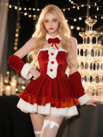 Women's Christmas Santa Mini Dress Red Ruffle Hem White Fluffy Trim Heart Detail Festive Holiday Party Costume