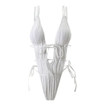 Sexy Backless One Piece Swimsuit Woman 2026 String Texture Swimwear Hollow Out Monokini High Cut Bathing Suit Deep V Neck Bather