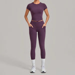 Women Tracksuit Yoga Sets Short Sleeve Slim Sports T Shirts Workout Clothes Outdoor Tight High Waist Pocket Pants Fitness Suits