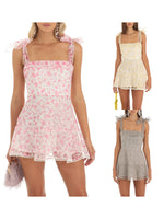 Women Fashion Double Layer Backless Cami Dress Summer Casual Floral Print Tie-Up Shoulder Strap Mini Dress Grey/Pink/Yellow
