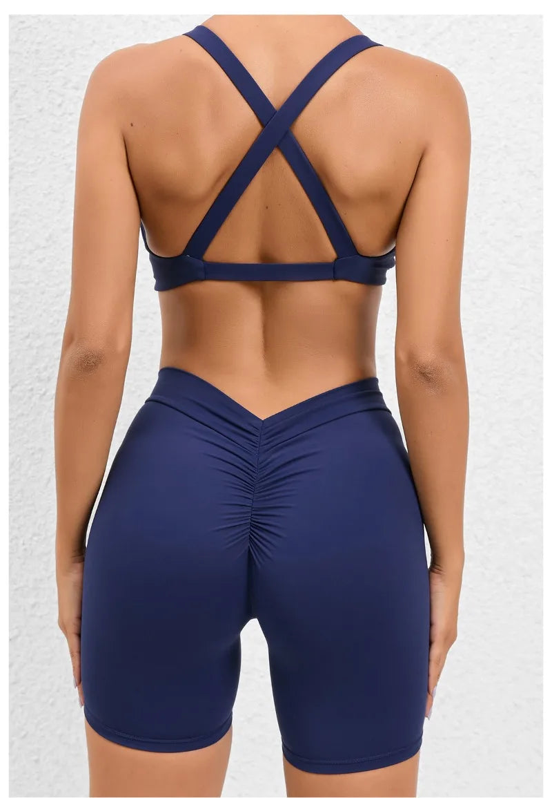 Seamless Yoga Fitness Sets Women High Waist Hip-Lifting Shorts & Sports Bra Workout for Running Gym