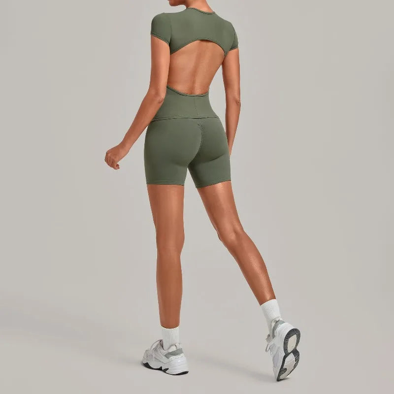 Women's Seamless Yoga Sets Sports Fitness Workout Hip-lifting High Waist Shorts Backless Short-sleeve Vest Suit Gym Training Set