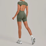 Women's Seamless Yoga Sets Sports Fitness Workout Hip-lifting High Waist Shorts Backless Short-sleeve Vest Suit Gym Training Set