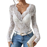 Women V Neck Floral Lace Long Sleeve T Shirt See Through Slim Fit Tees Y2k Gothic Club Party Streetwear Ladies Sheer Basic Tops