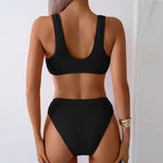 2026 Summer New Women's 2 Piece Swimsuit Solid Color High Waist Bikini Set V-neck Backless Beach Vacation Bathing Suit Swimwear