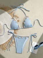 Shell Decoration Ribbed Bikini Women Swimwear Female Swimsuit Two-pieces Bikini Set Halter Strappy Bather Bathing Suit Swim Lady