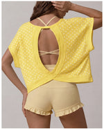 Summer Back Hollow Out Yoga T Shirts Women Polka Dot Print Short Sleeve Loose Sports Cover Up Breathable Training Fitness Tops