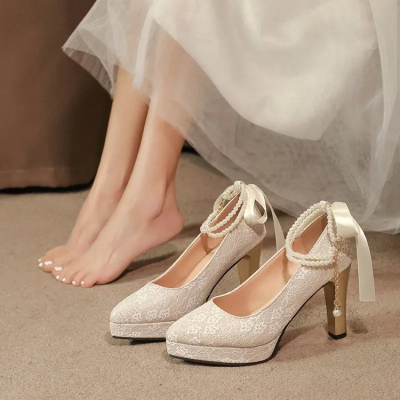 Ladies Shoes 2026 New Ankle Strap Women's High Heels Sandals Thick Heel Pumps Women Fashion String Bead Buckle Wedding Shoes