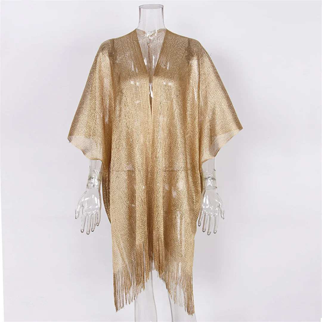 Sexy Fringe Tassel Mesh Sheer Shiny Knitted Tunic Beach Cover Up Cover-ups Beach Dress Beach Wear Beachwear Female Women V3321