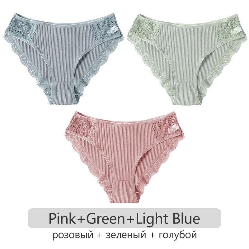 3Pcs/set Women's Cotton Panties M-2XL Trendy Patchwork Lace Underwear Female Low Waist Briefs Ladies Comfortable Underpants 2023