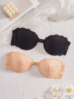 2PCS Lace Women's Strapless Bra Front Closure Non-slip Push Up Brassiere Breathable Solid Lingerie Top