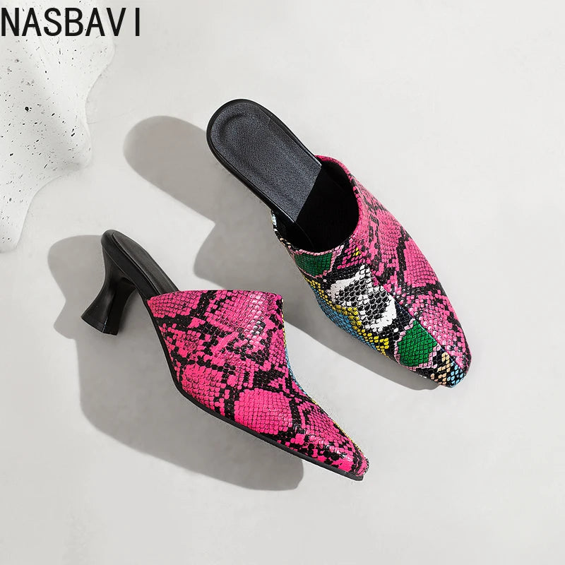 NASBAVI New Breathable Hollow Slippers Stone Pattern Leather Pumps Women Chunky Heels Mules Black Dress Shoes Big Size 45 46 47