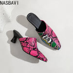 NASBAVI New Breathable Hollow Slippers Stone Pattern Leather Pumps Women Chunky Heels Mules Black Dress Shoes Big Size 45 46 47