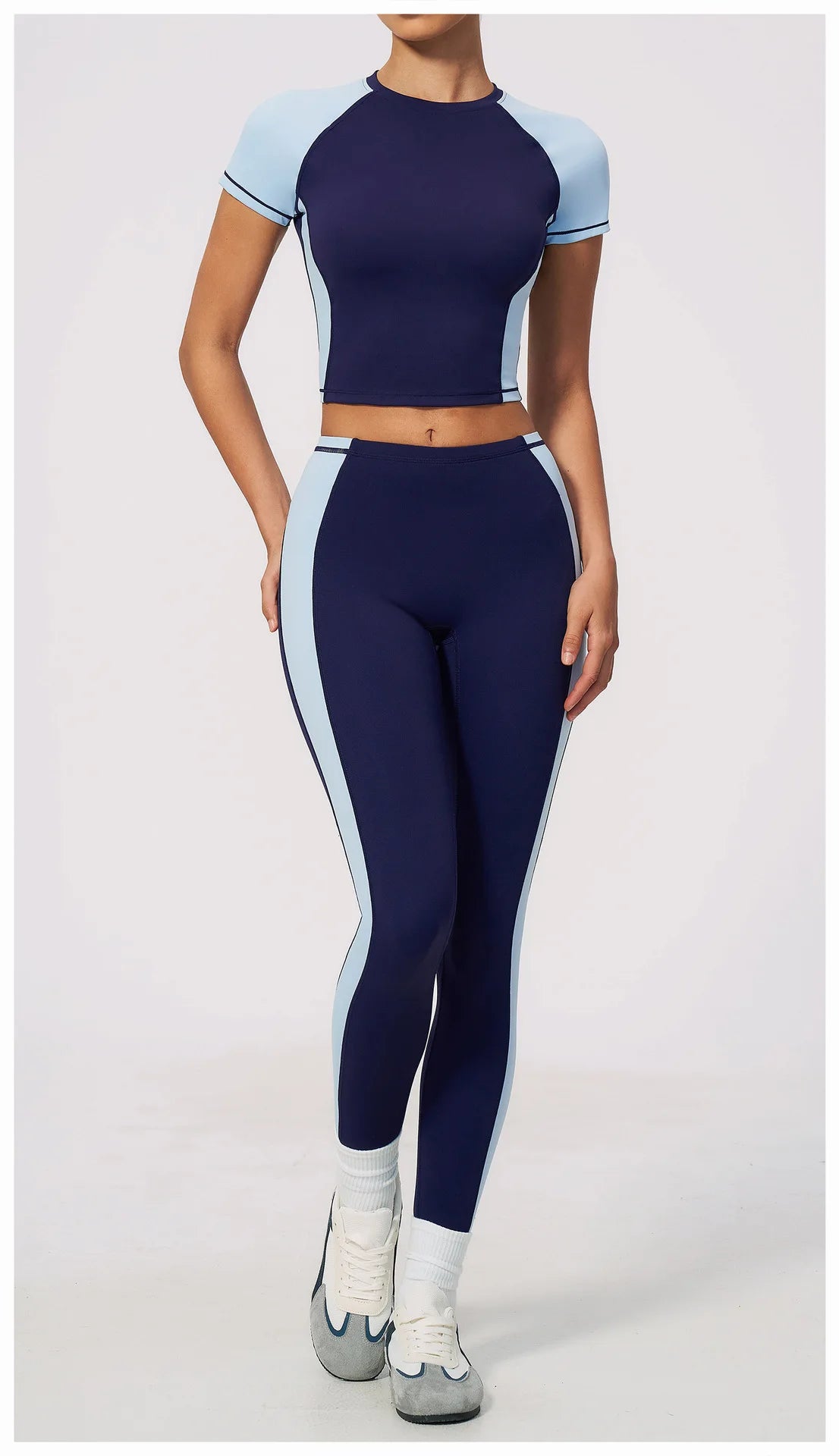 Nake Yoga Set Women's Tracksuit Color Contrast Short Sleeve Slim Sports T Shirts High Waist Leggings Fitness Clothes Gym Outfits