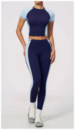Nake Yoga Set Women's Tracksuit Color Contrast Short Sleeve Slim Sports T Shirts High Waist Leggings Fitness Clothes Gym Outfits