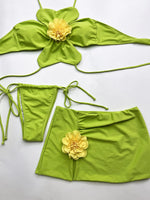 DEKA Women Sexy Green 3D Floral Bikinis Set Halter Push Up Pleate Skirt 3 Piece Swimsuit Beach Bathing Suit Thong Swimwear