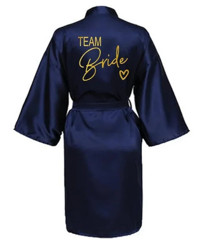 Wedding Party Team Bride Robe Kimono Satin Pajamas Bridesmaid Bathrobe Gold Letter SP089