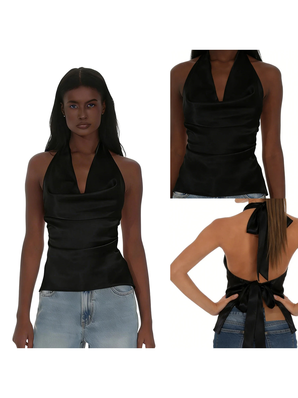 Women Halter Cowl Neck Tank Tops Slim Solid Color Satin Sleeveless Backless Vest for Going Out Party Club